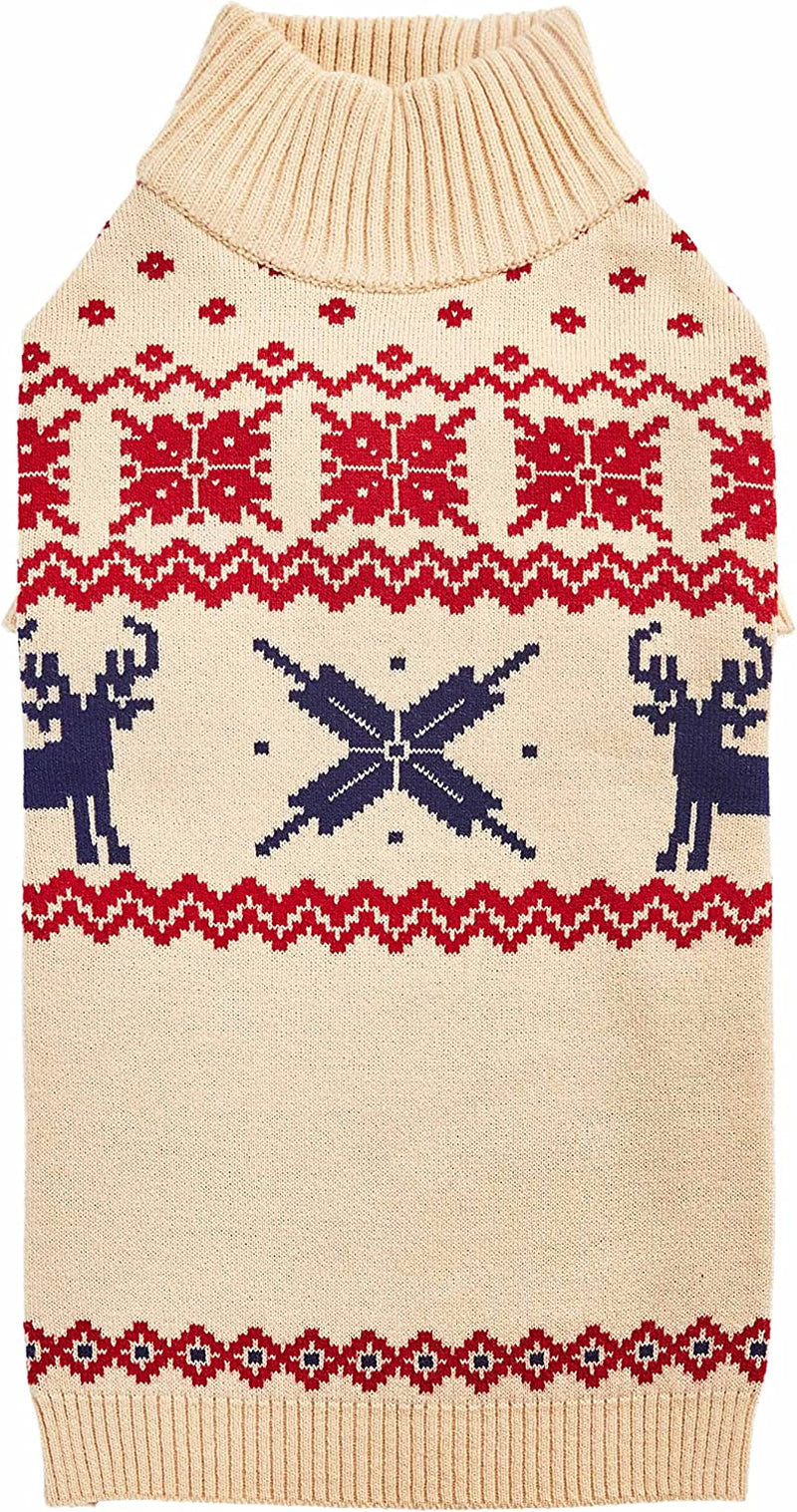 Christmas Reindeer and Snowflake Dog Sweater in Light Beige, Back Length 16", Pack of 1 Clothes for Dogs