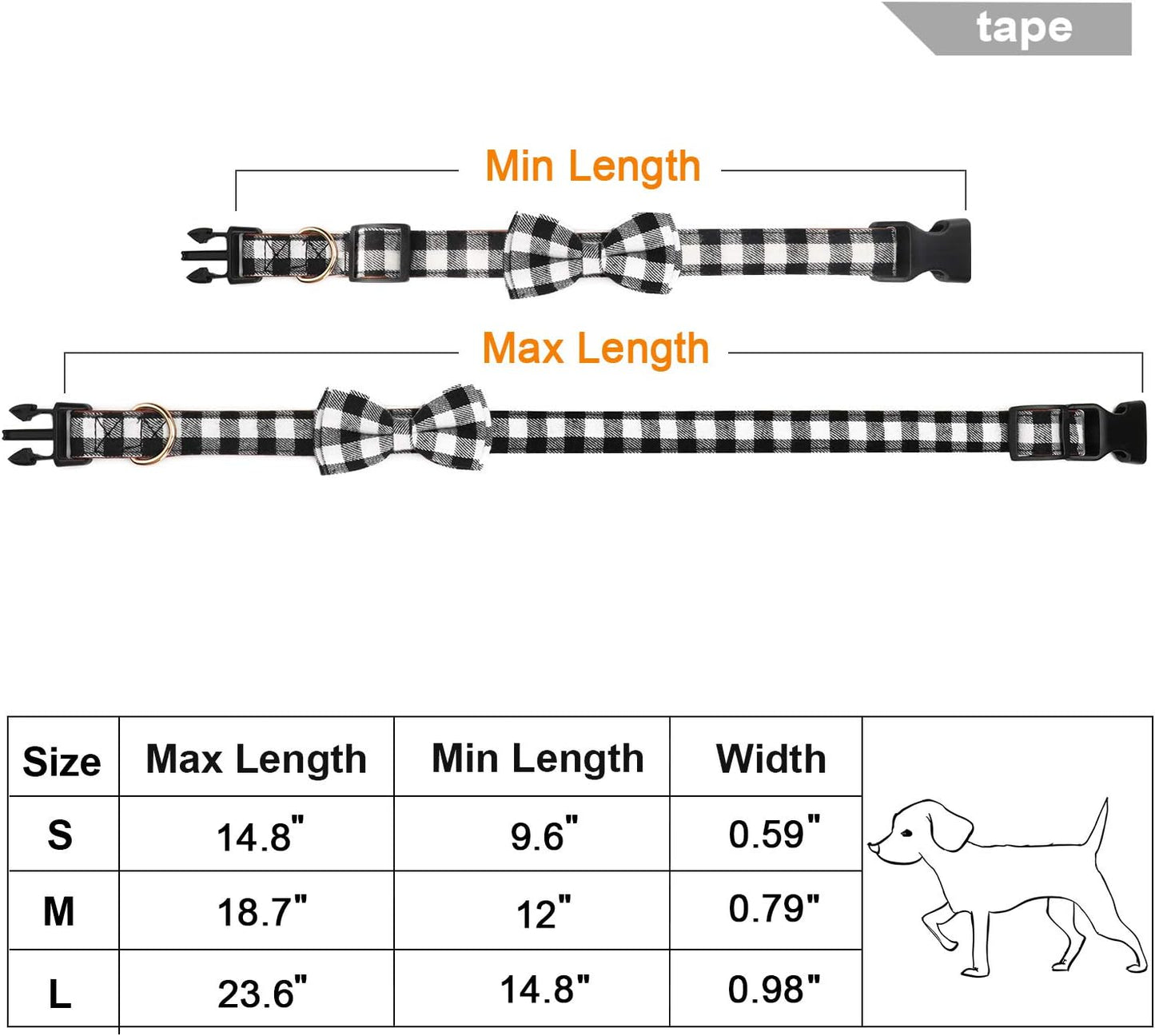 Dog Bow Tie, Dog Cat Collar with Bow Tie Buckle Light Plaid Dog Collar for Dogs Cats Pets Soft Comfortable,Adjustable (S, Black)