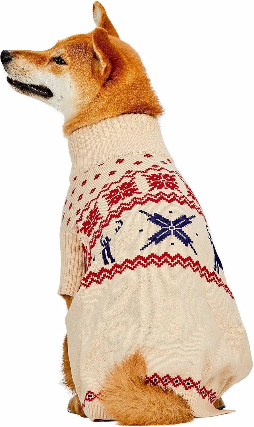 Christmas Reindeer and Snowflake Dog Sweater in Light Beige, Back Length 16", Pack of 1 Clothes for Dogs