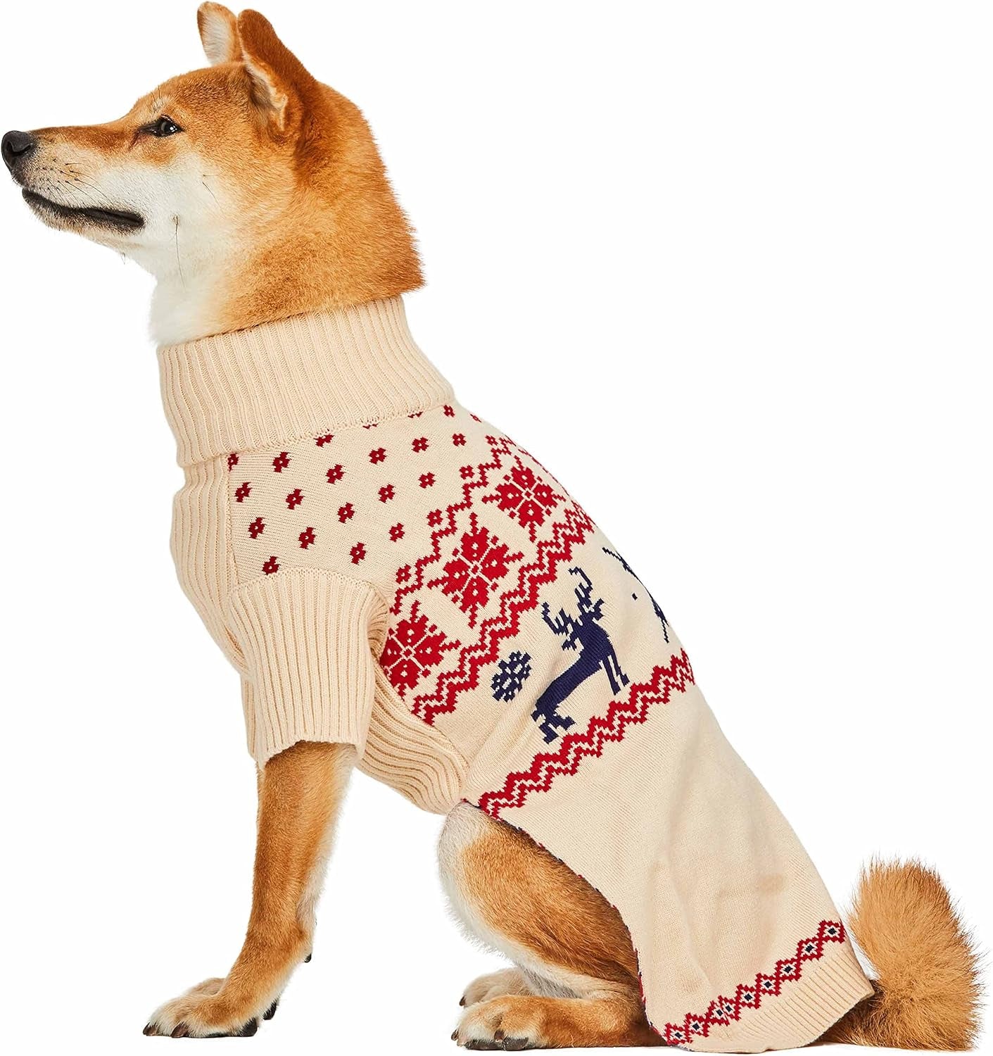 Christmas Reindeer and Snowflake Dog Sweater in Light Beige, Back Length 16", Pack of 1 Clothes for Dogs