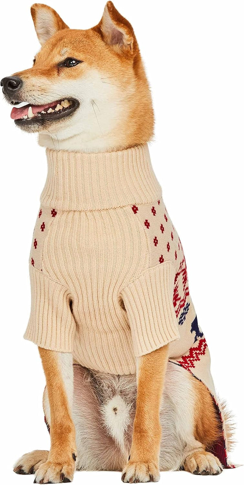 Christmas Reindeer and Snowflake Dog Sweater in Light Beige, Back Length 16", Pack of 1 Clothes for Dogs