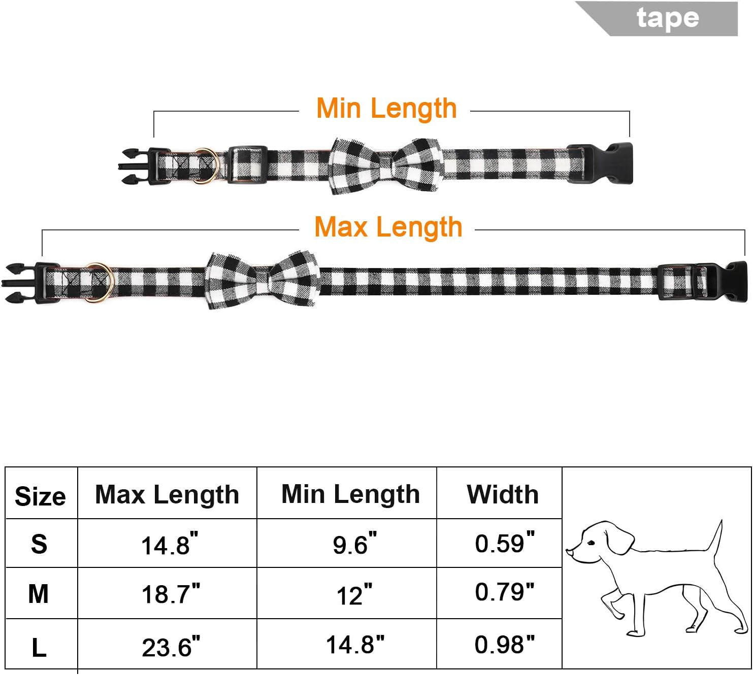 Dog Bow Tie,  Dog Cat Collar with Bow Tie Buckle Light Plaid Dog Collar for Dogs Cats Pets Soft Comfortable,Adjustable (S, Black)